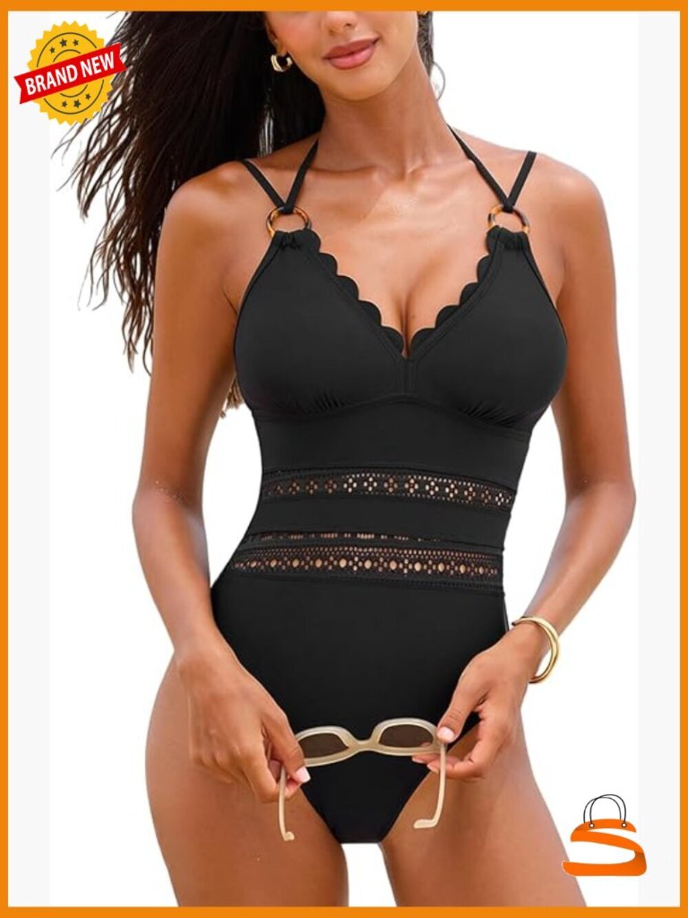 Scalloped V-Neck One Piece Swimsuit Mesh Cutout Back Tie Adjustable Straps